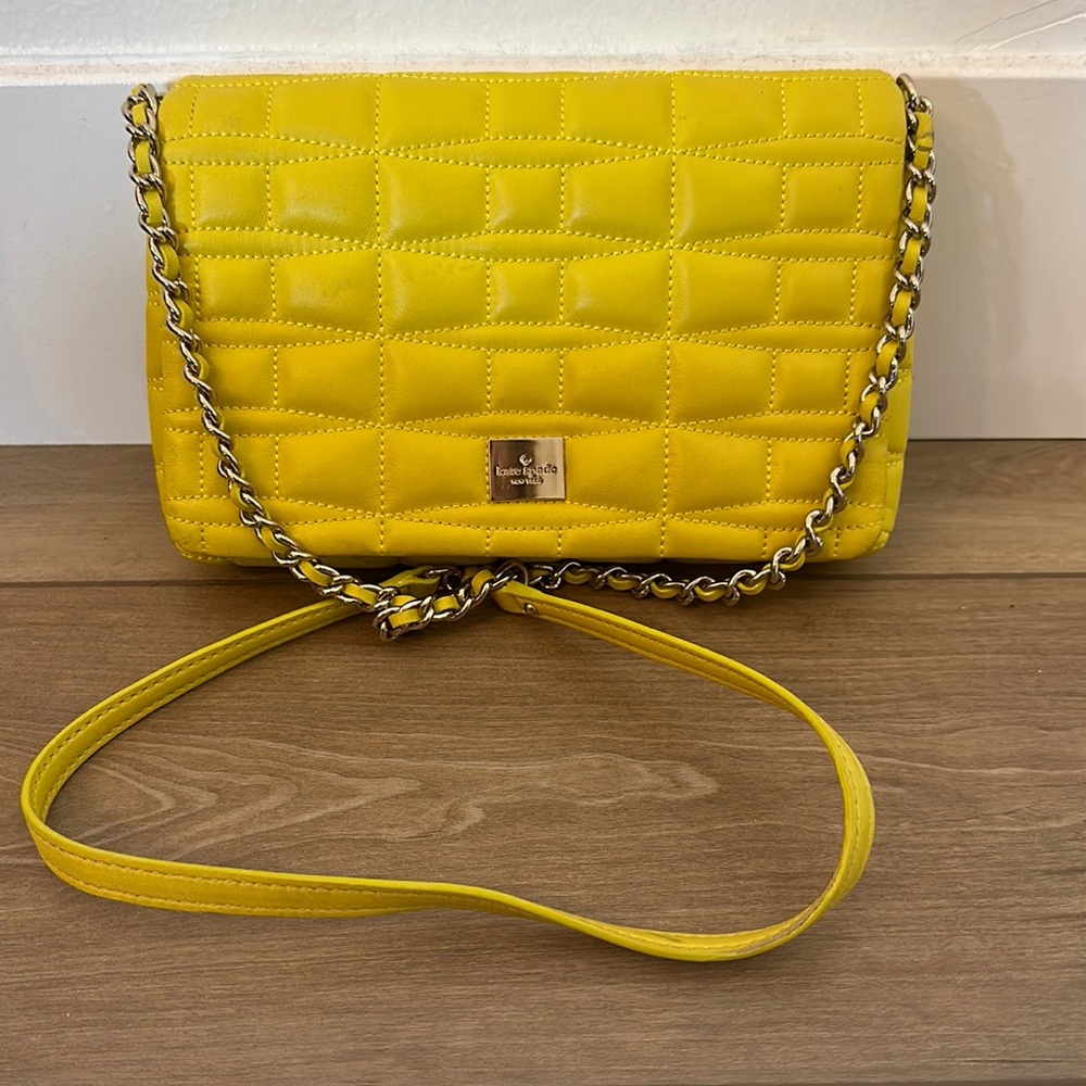 Yellow Quilted Kate Spade purse with Metal and Leather Chain